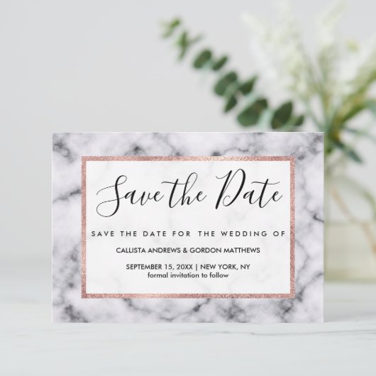 Eenvoudig zwart-wit marmer-stonpatroon save the date (Staand voorkant)