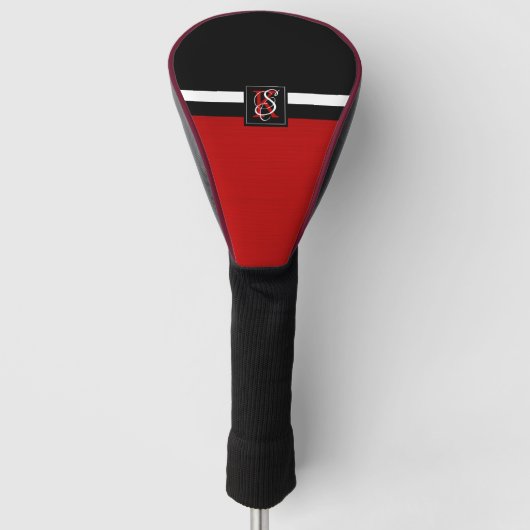 Eenvoudig zwart-wit met twee tonen rode Initialen  Golfheadcover (Voorkant)