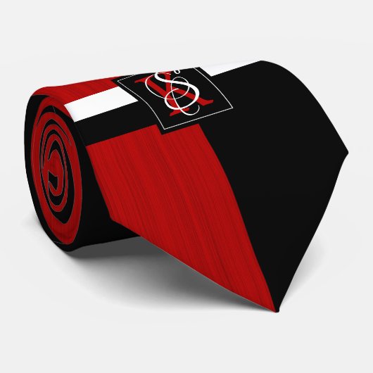 Eenvoudig zwart-wit met twee tonen rode Initialen  Stropdas (Opgerold)