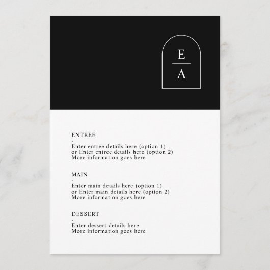 Eenvoudig zwart-wit minimalismonogram wapenstok menu (Voorkant)