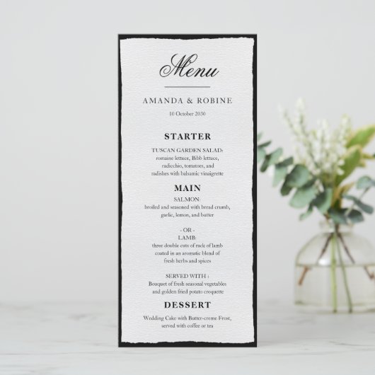 Eenvoudig zwart-wit minimalistisch huwelijksmenu menu (Staand voorkant)
