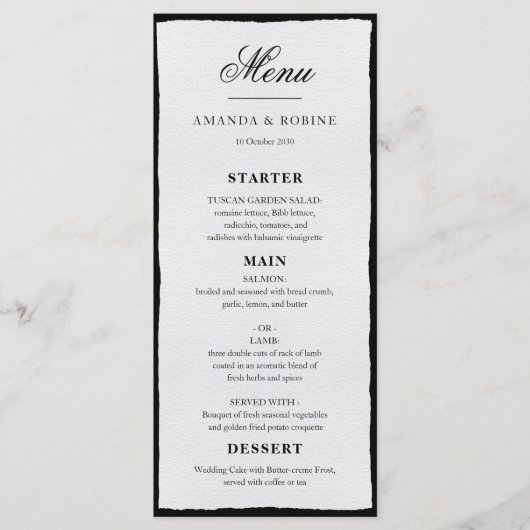 Eenvoudig zwart-wit minimalistisch huwelijksmenu menu (Voorkant)