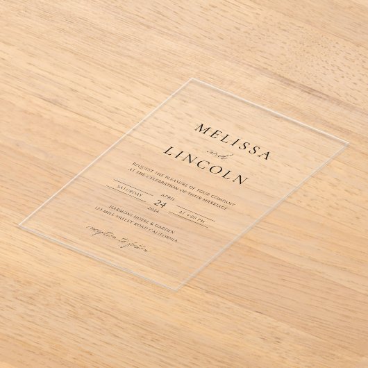 Eenvoudig zwart-wit minimalistisch script bruiloft acryl uitnodigingen (Laagn)