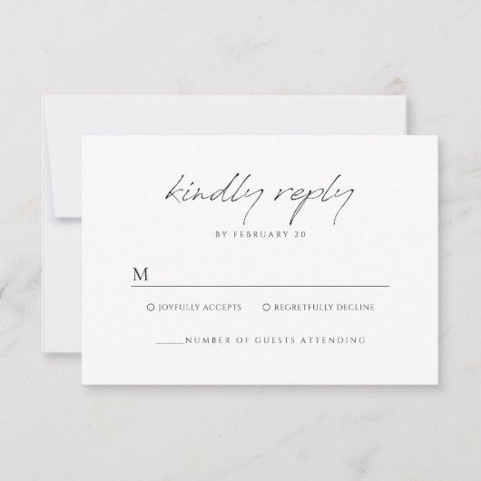 Eenvoudig zwart-wit minimalistisch script bruiloft RSVP kaartje (Voorkant)