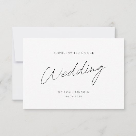 Eenvoudig zwart-wit minimalistisch script bruiloft RSVP kaartje (Achterkant)