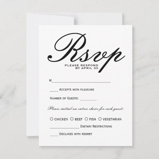Eenvoudig zwart wit Modern Elegant Minimaal Script RSVP Kaartje (Achterkant)