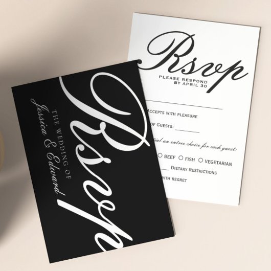 Eenvoudig zwart wit Modern Elegant Minimaal Script RSVP Kaartje