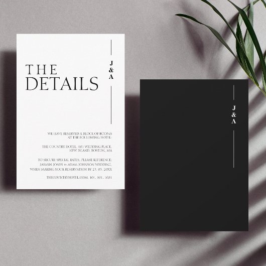 Eenvoudig zwart wit monogram bruiloft details informatiekaartje