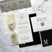 Eenvoudig zwart-wit monogram bruiloft QR RSVP Informatiekaartje