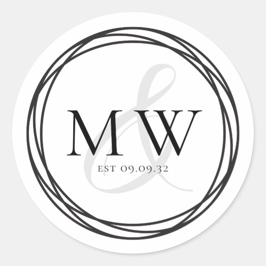 Eenvoudig zwart-wit monogram bruiloft ronde sticker (Voorkant)