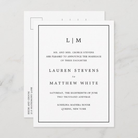 Eenvoudig zwart-wit monogram Elegant Wedding Aankondigingskaart (Voorkant / Achterkant)