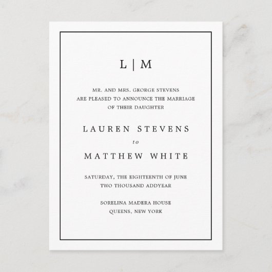 Eenvoudig zwart-wit monogram Elegant Wedding Aankondigingskaart (Voorkant)