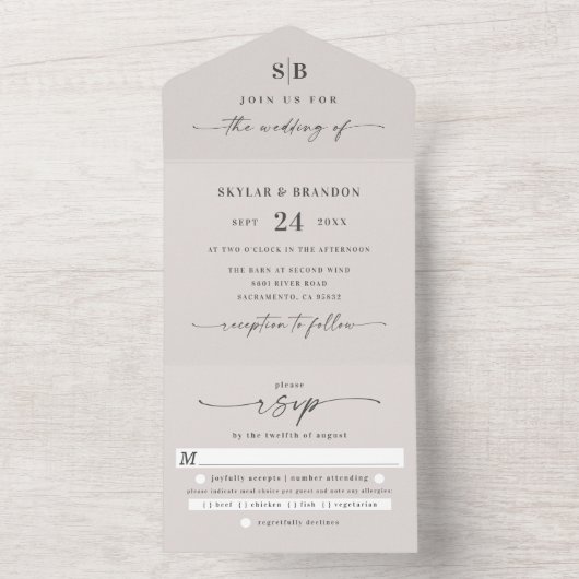 Eenvoudig zwart-wit monogram en Script Ivory All In One Uitnodiging (Binnen)