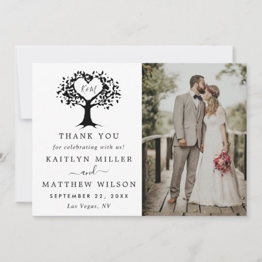 Eenvoudig zwart-wit monogram heetbomen bruiloft bedankkaart (Voorkant)