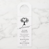 Eenvoudig zwart-wit monogram heetbomen bruiloft flessenhanger (Voorkant)