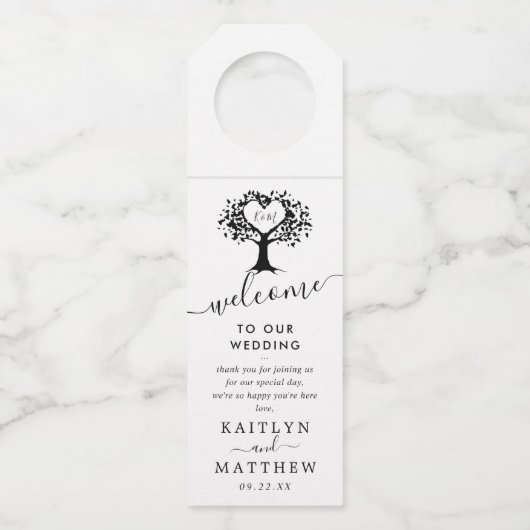 Eenvoudig zwart-wit monogram heetbomen bruiloft flessenhanger (Voorkant)