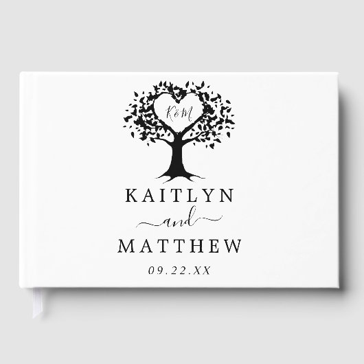 Eenvoudig zwart-wit monogram heetbomen bruiloft gastenboek (Voorkant)