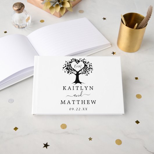 Eenvoudig zwart-wit monogram heetbomen bruiloft gastenboek (Voorkant open)