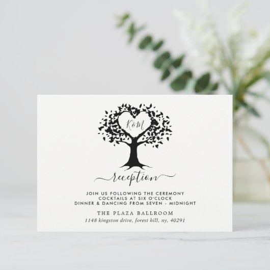 Eenvoudig zwart-wit monogram heetbomen bruiloft informatiekaartje (Staand voorkant)