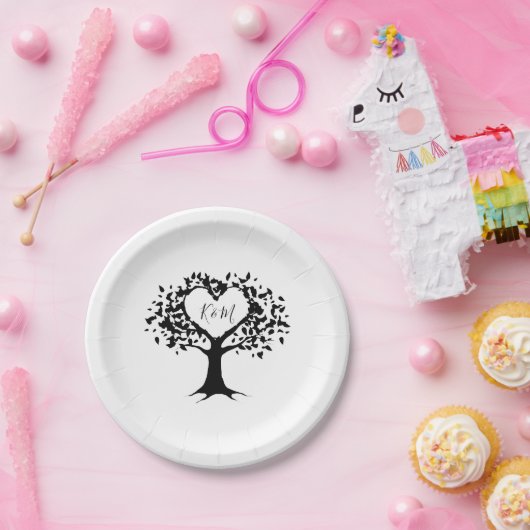 Eenvoudig zwart-wit monogram heetbomen bruiloft papieren bordje (Feest)