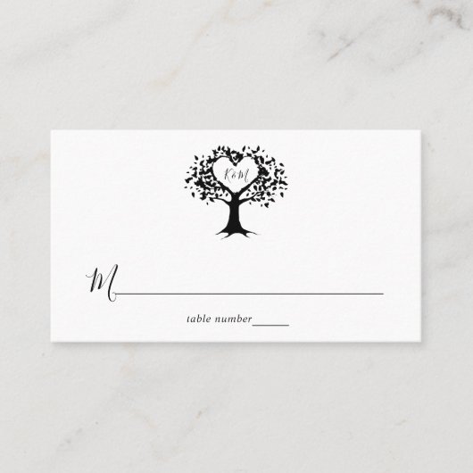 Eenvoudig zwart-wit monogram heetbomen bruiloft plaatskaartje (Voorkant)