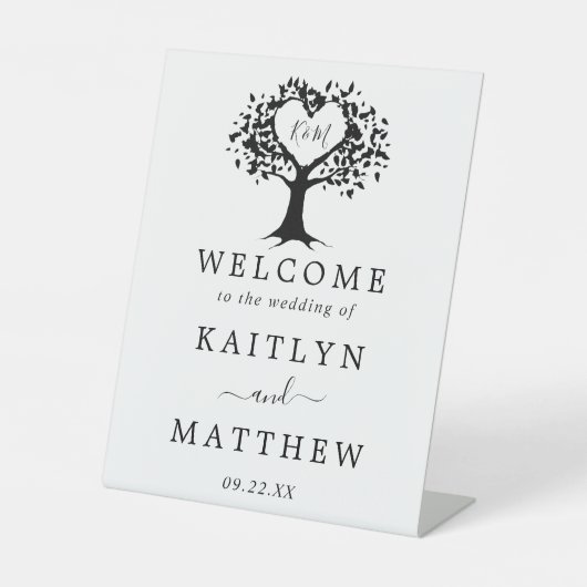 Eenvoudig zwart-wit monogram heetbomen bruiloft reclamebord met voetstuk (Voorkant)
