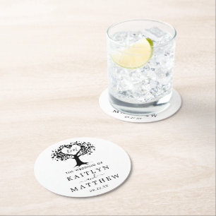 Eenvoudig zwart-wit monogram heetbomen bruiloft ronde kartonnen onderzetter