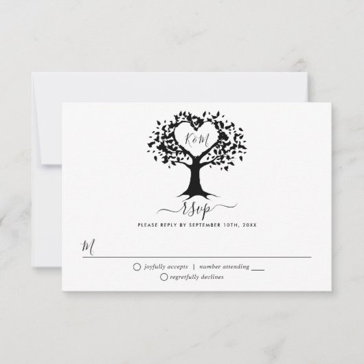 Eenvoudig zwart-wit monogram heetbomen bruiloft RSVP kaartje (Voorkant)