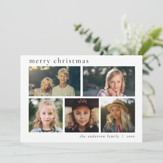 Eenvoudig zwart-wit multi-fotofeest met prettige f feestdagenkaart (Staand voorkant)