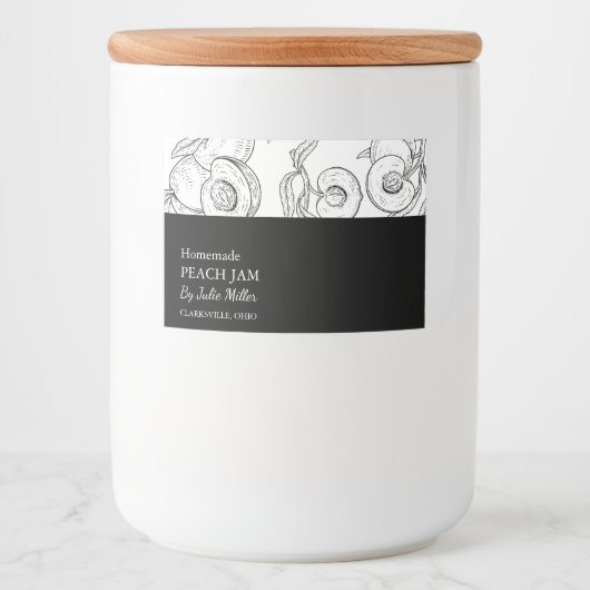 Eenvoudig zwart & wit perzik jam label voedselcontainer etiket (Voorkant)