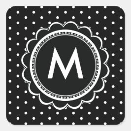 Eenvoudig zwart-wit Polka Dot Monogram Retro Vierkante Sticker