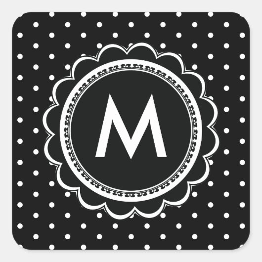 Eenvoudig zwart-wit Polka Dot Monogram Retro Vierkante Sticker (Voorkant)