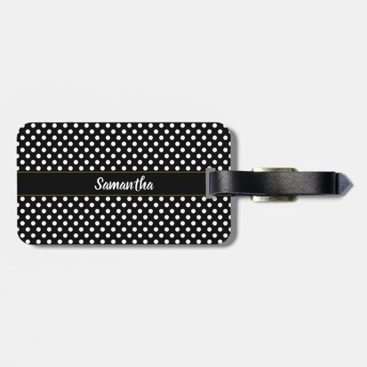 Eenvoudig zwart-wit Polka Dots Naam Script Bagagelabel (Achterkant horizontaal)