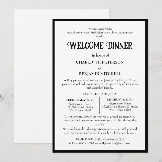 Eenvoudig Zwart & Wit Repetitie Welkomstdiner Kaart (Voorkant / Achterkant)