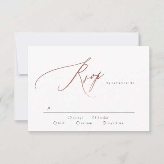 Eenvoudig zwart wit Roos Gold Calligraphy Weddensc RSVP Kaartje (Voorkant)