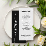 Eenvoudig Zwart-wit Script Aangepaste maaltijden B Menu<br><div class="desc">Simple Black and White Script Custom Meals Wedding Menu" - een klassieke en elegante aanvulling op uw bruiloft receptie. Dit menu heeft een tijdloos zwart-wit kleurenschema met stijlvolle scripttypografie, zodat u de maaltijden kunt aanpassen aan uw voorkeuren. Pas de namen van de bruid en bruidegom, menucursussen, trouwdatum en speciaal bericht...</div>