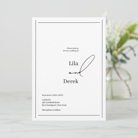 Eenvoudig Zwart-wit Script Border Lijst Bruiloft Kaart (Staand voorkant)