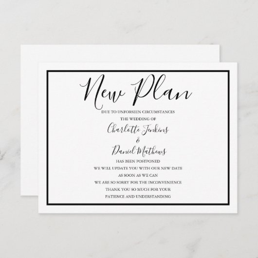 Eenvoudig zwart-wit script Nieuw plan uitgesteld Aankondigingskaart (Voorkant / Achterkant)