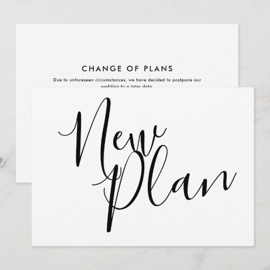 Eenvoudig zwart-wit script nieuwe plan uitgesteld save the date (Voorkant / Achterkant)