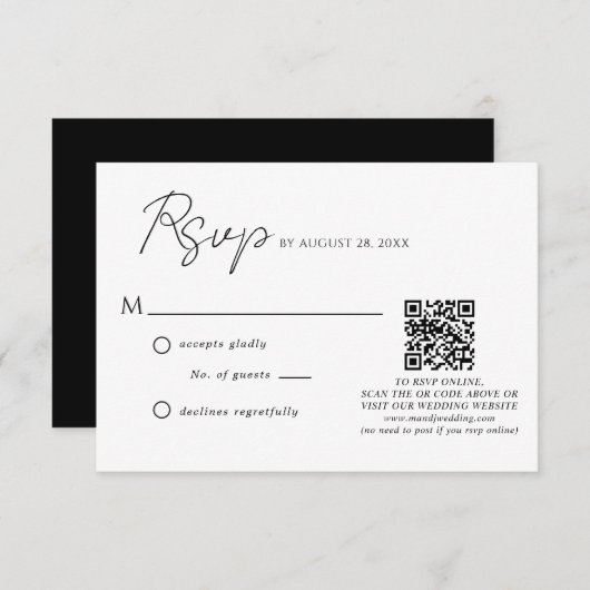 Eenvoudig zwart wit script QR code bruiloft RSVP Kaartje (Voorkant / Achterkant)