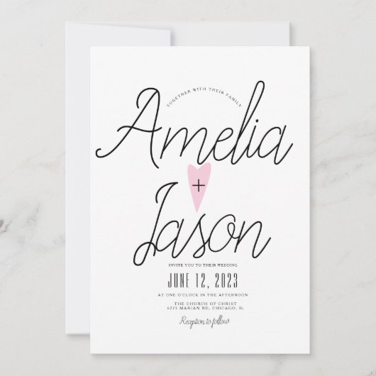 Eenvoudig zwart wit script roze hartritme Weddensc Kaart (Voorkant)