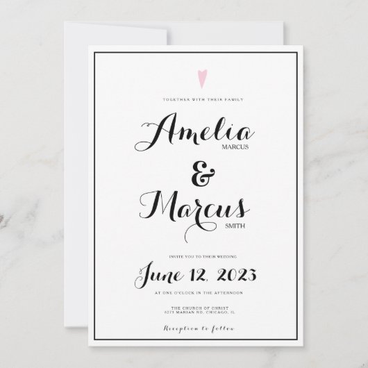 Eenvoudig zwart wit script Typografie Heart Wedden Kaart (Voorkant)