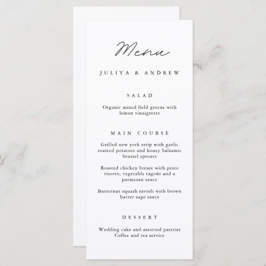 Eenvoudig zwart-wit script Wedding Menu kaart (Voorkant / Achterkant)