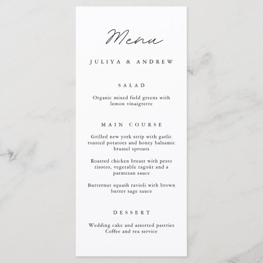 Eenvoudig zwart-wit script Wedding Menu kaart (Voorkant)