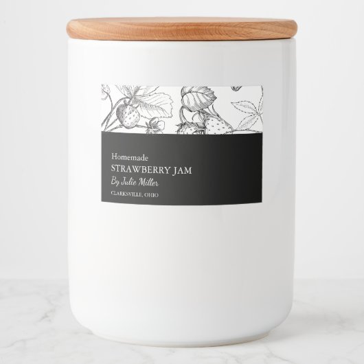 Eenvoudig zwart & wit Strawberry Jam Label Voedselcontainer Etiket (Voorkant)