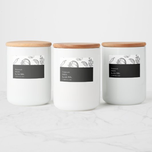 Eenvoudig zwart-wit tomatensalsa-label voedselcontainer etiket (Flessen)