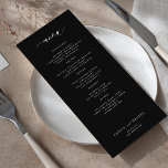 Eenvoudig zwart-wit trouwmenu menu<br><div class="desc">Moody zwarte trendy minimalistische typografie aangepaste tekst sjabloon trouwmenukaart.</div>
