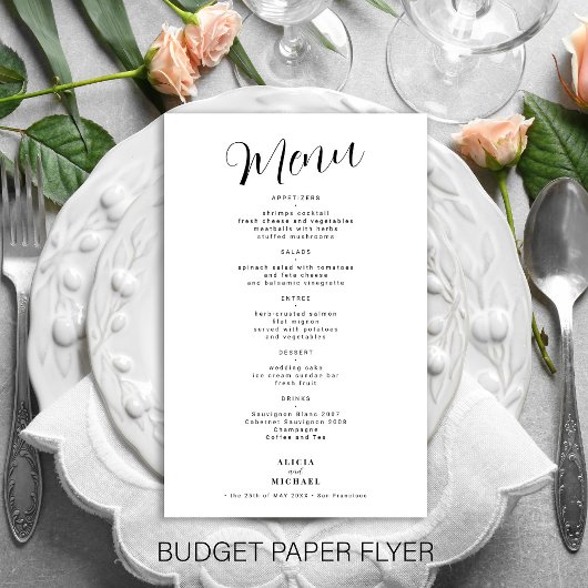 Eenvoudig zwart-wit trouwmenu met budget flyer