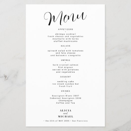 Eenvoudig zwart-wit trouwmenu van de begroting flyer (Voorkant)