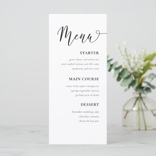 Eenvoudig zwart-wit trouwtafel menu (Staand voorkant)